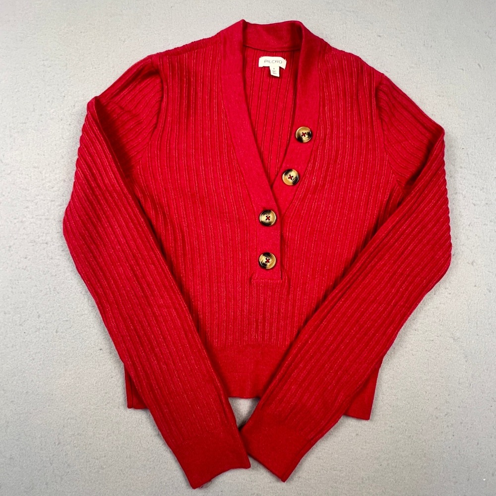 Pilcro Ribbed Knit Henley Top Womens Small Red V-Neck Long Sleeve Casual Chic